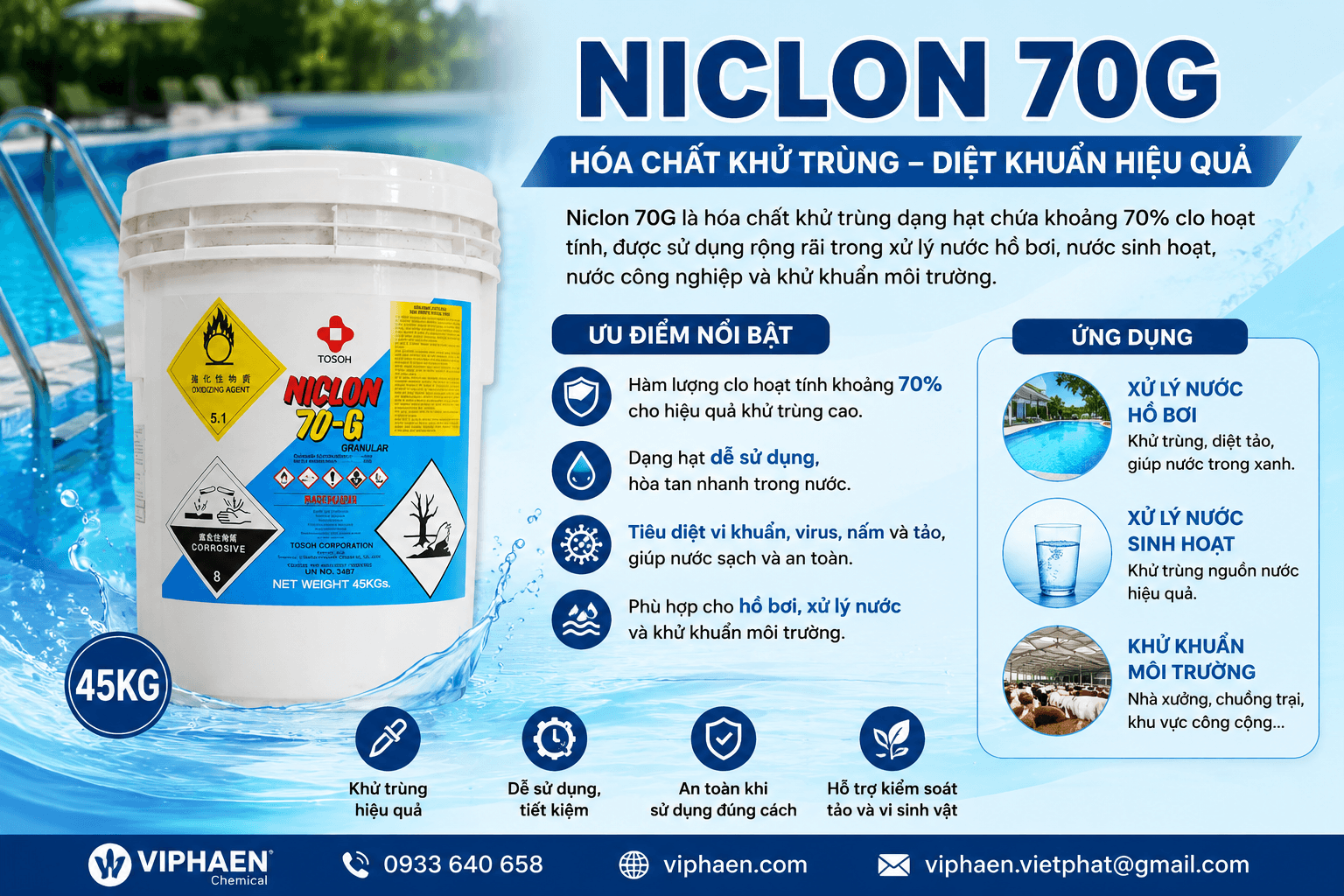 Xử Lý Nước Hồ Bơi Bằng Niclon 70G